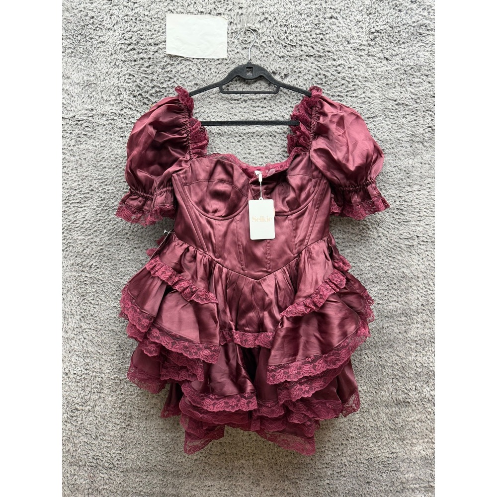 NWT Selkie The Bordeaux Silk Satin Mini Cecile Dress Burgundy Womens Size XL